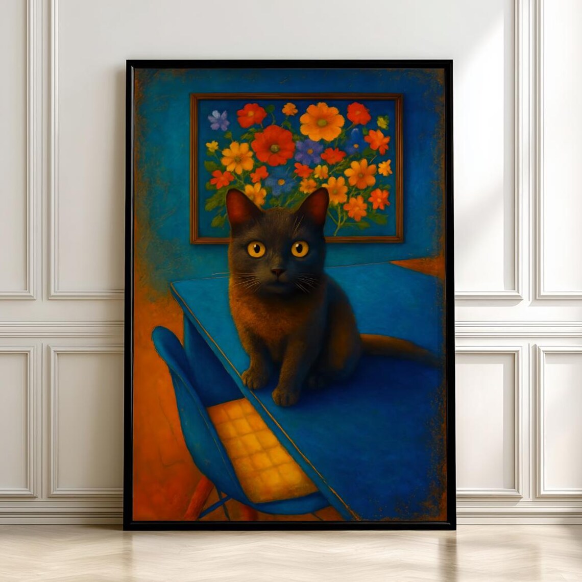 Brown Cat on Blue Couch with Floral Painting Painterly Poster