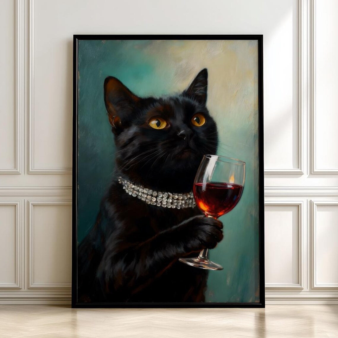 Fancy Black Cat With Wine Glass Art Print