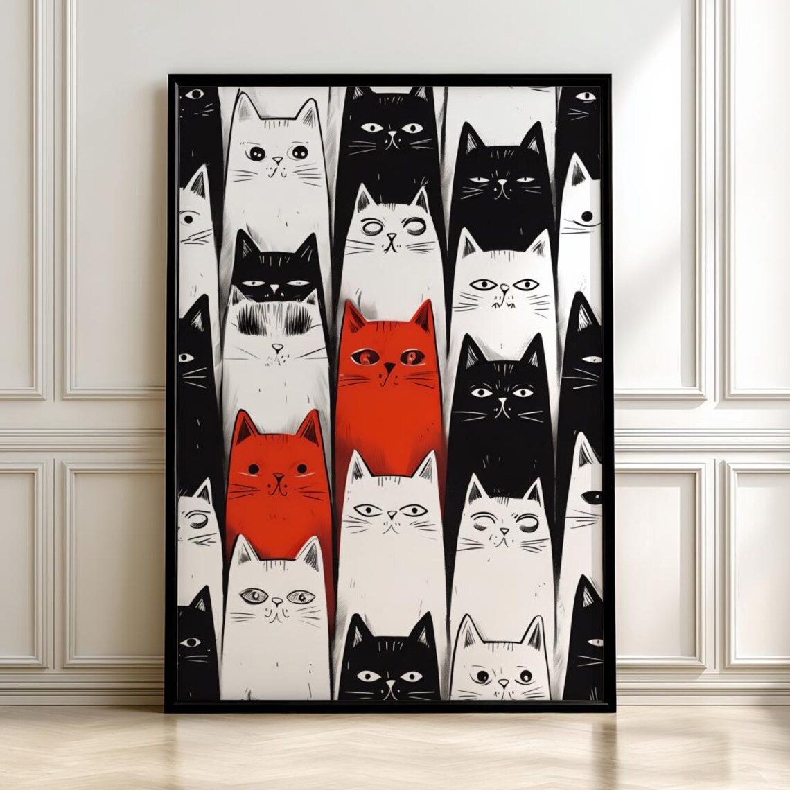 Modern Cat Art Print, Minimalist Black And White