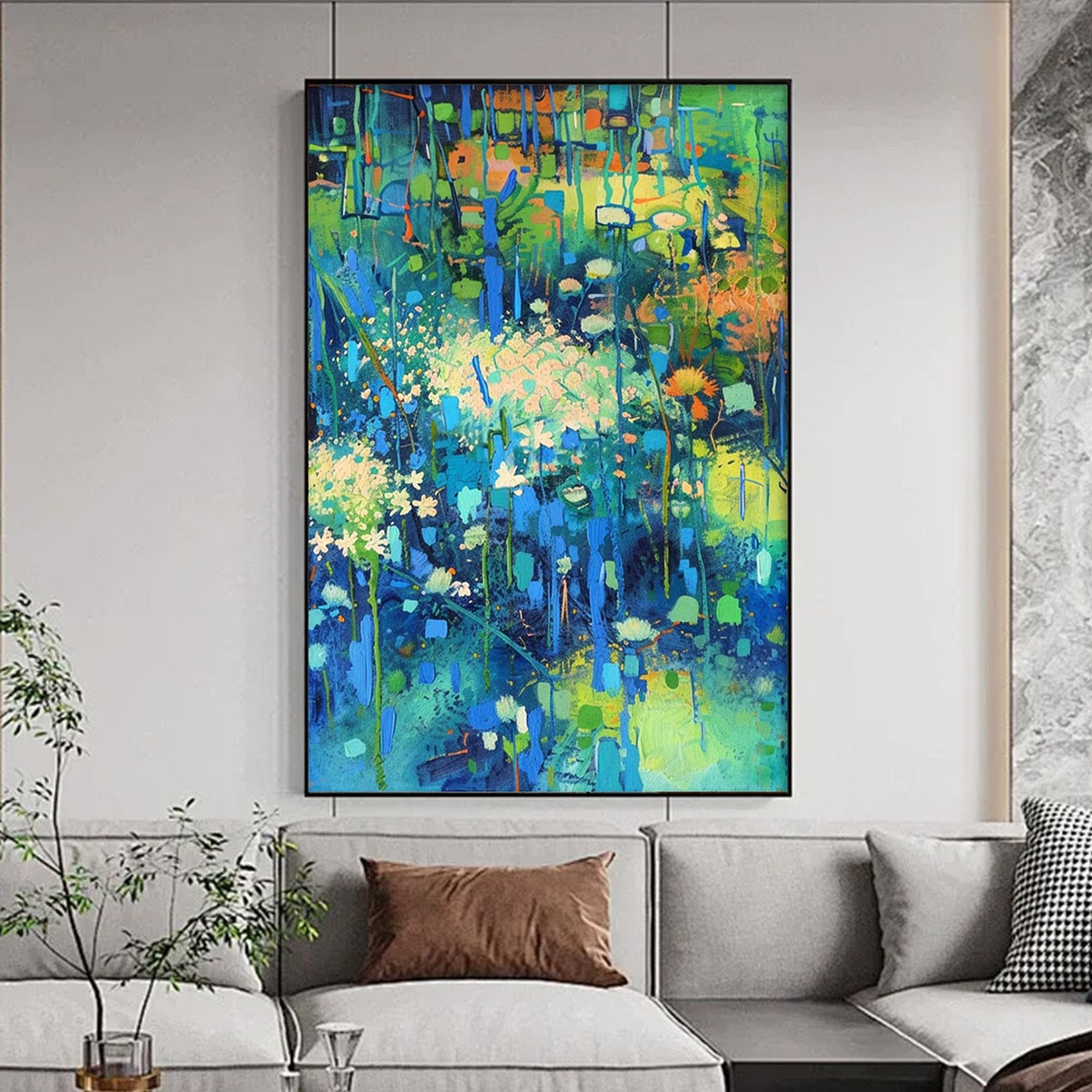 Emerald Green Wildflower Meadow Abstract Oil Painting Poster - Image 5