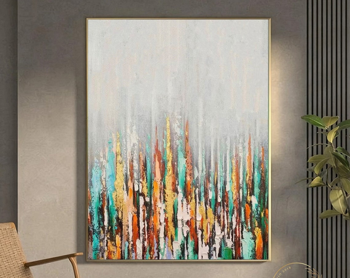 Large Colorful Abstract Art Original Beige Oil Painting Gold Abstract Painting Green Textured Art Yellow Abstract Painting Boho Painting