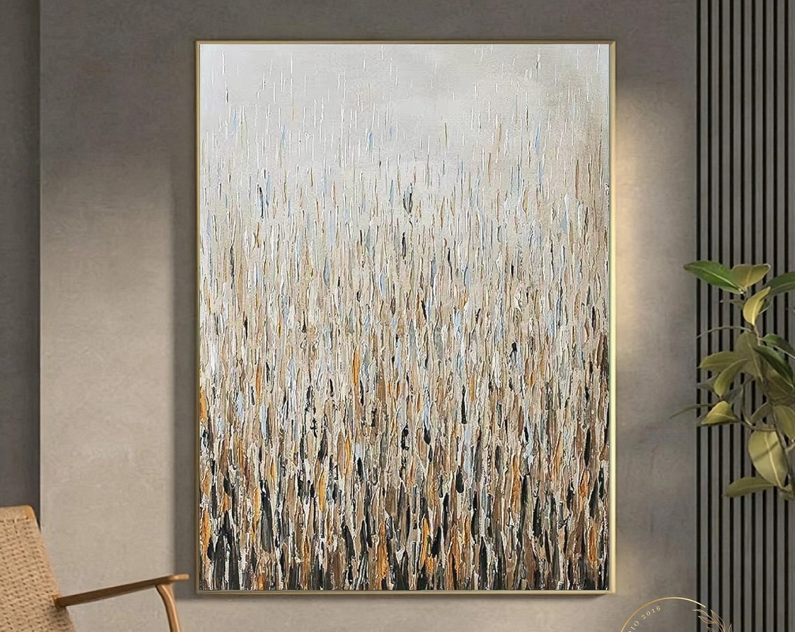 Elegant Beige Gold Vertical Streak Rain Abstract Painting Poster