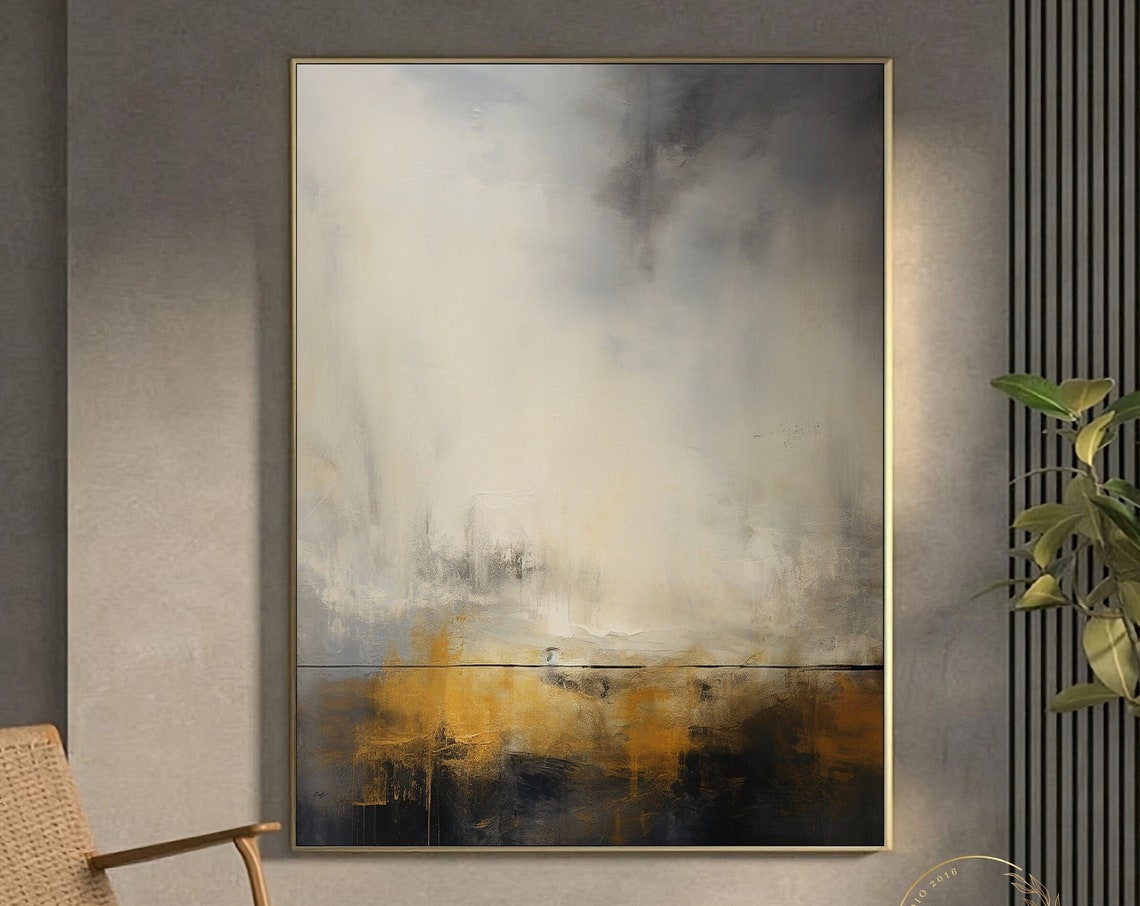 Serene Misty Beige Horizon with Golden Glow Abstract Art Poster