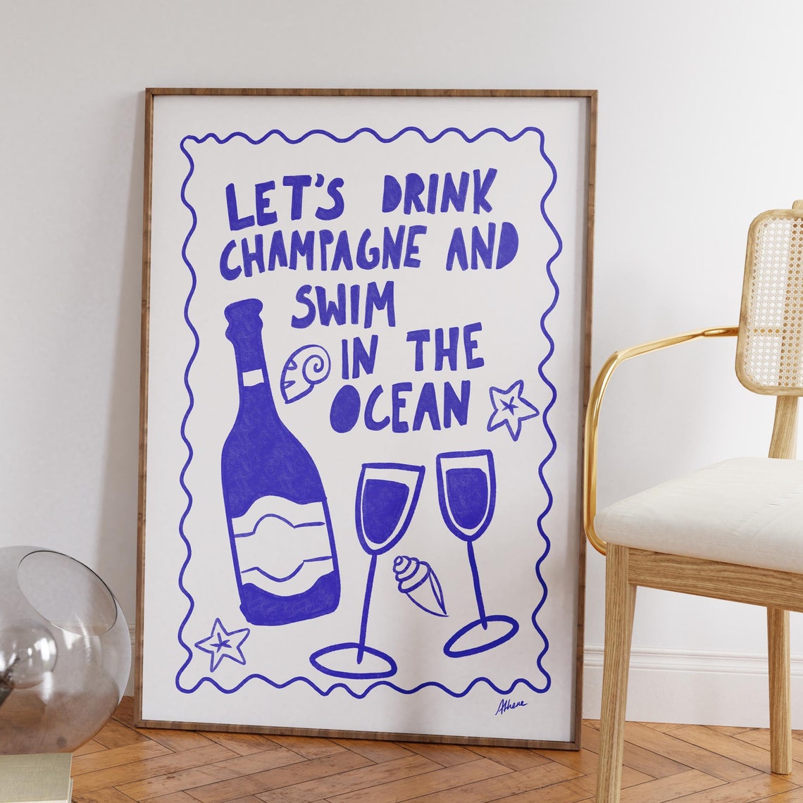 Lets Drink Champagne Swim In The Ocean Navy Typography Poster