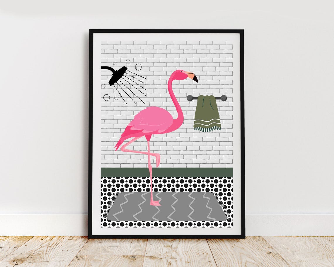 Flamingo In The Shower Flamingo In The Bathroom Print Animal In Bathroom White Bathroom Print Wild Animal In Shower Funny Animal Print - Image 2
