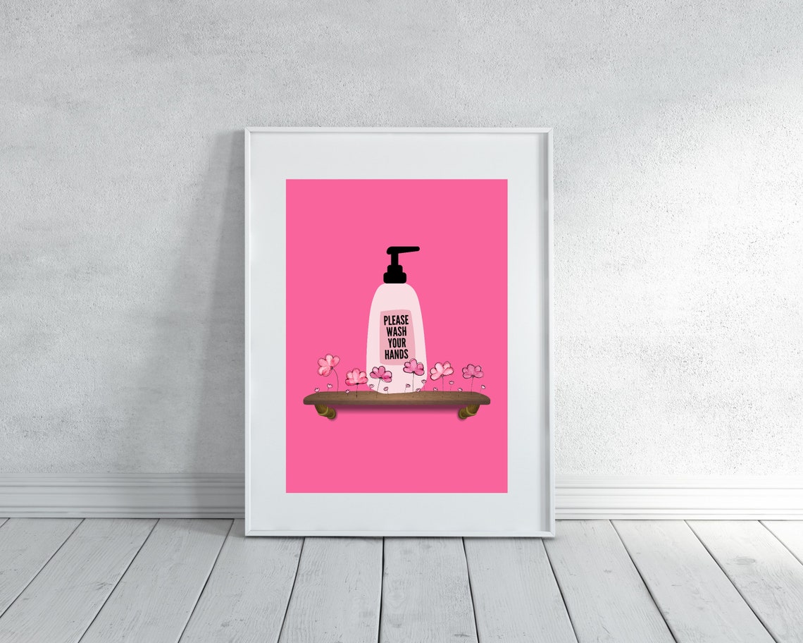 Please Wash Your Hands Soap Bottle Pink Floral Bathroom Print - Image 2