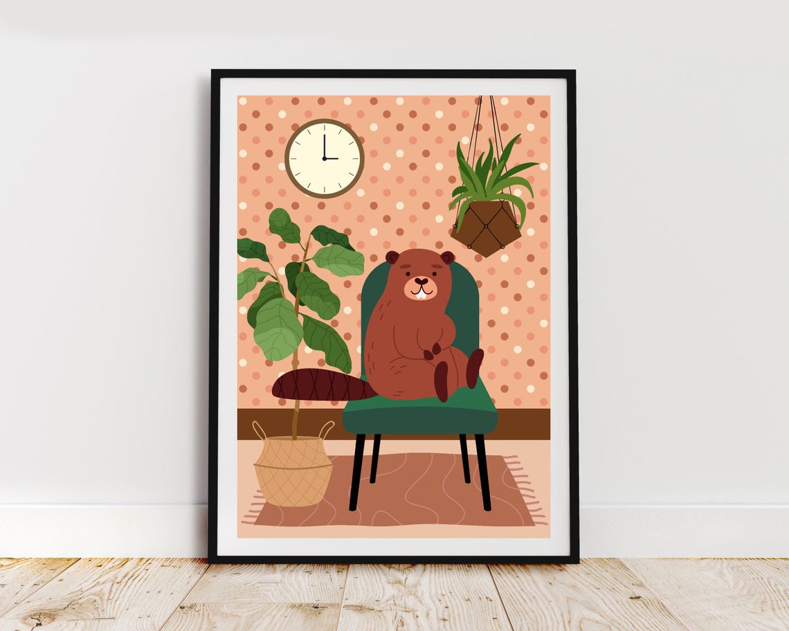 Beaver Lounging on Green Chair Funny Polka Dot Wall Animal Poster - Image 2