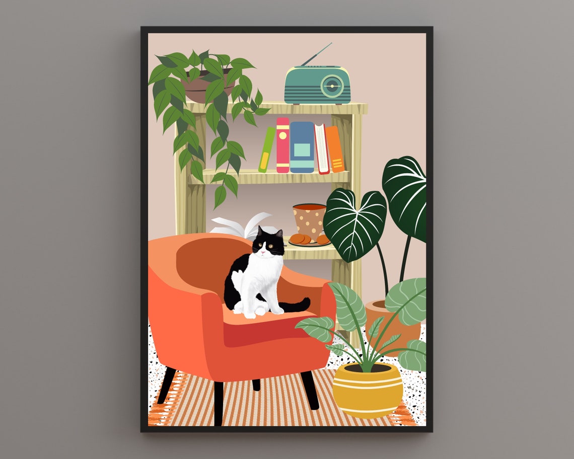 Black and White Cat on Orange Armchair Cute Bookcase Cat Poster