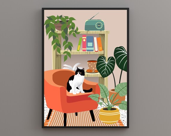 Black and White Cat on Orange Armchair Cute Bookcase Cat Poster