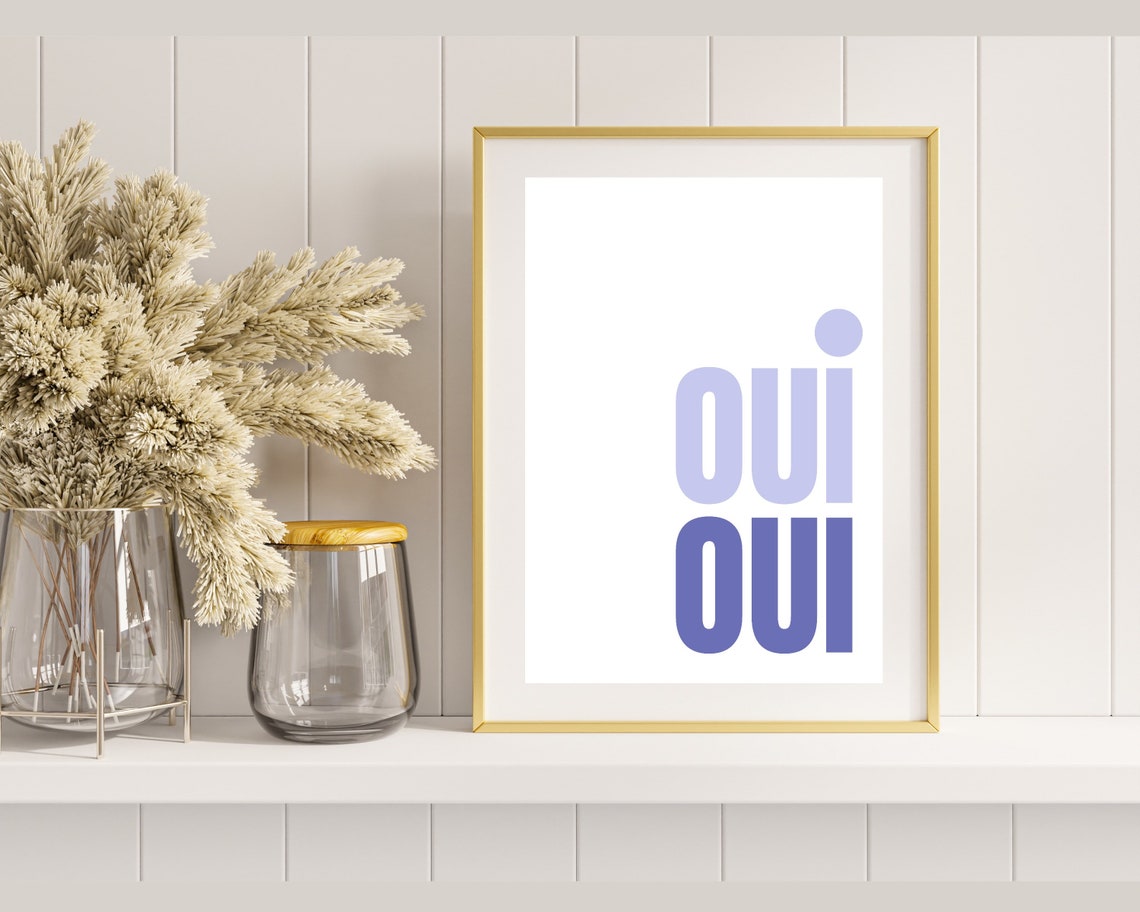 Oui Oui French Typography Poster In Lilac And Blue On A White Wall - Image 3