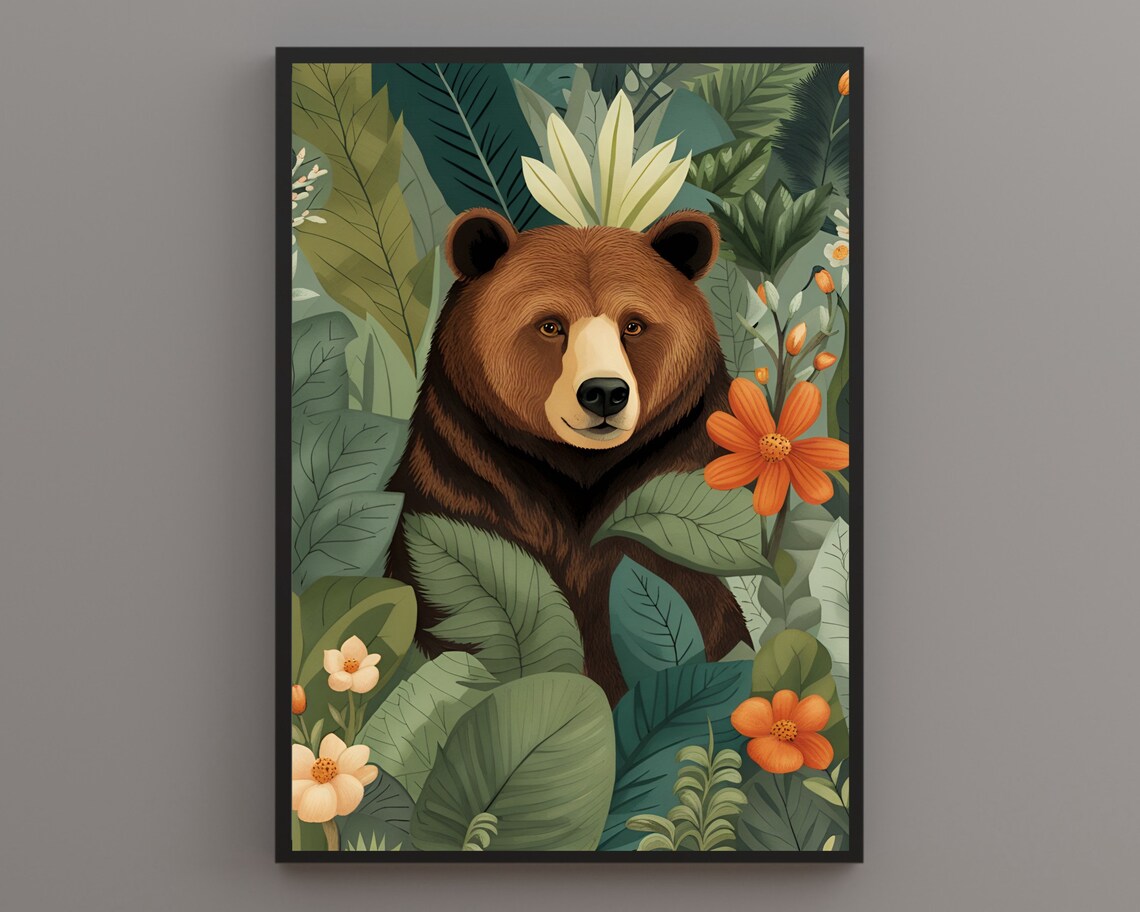 Brown Bear Among Lush Jungle Leaves and Orange Flowers Poster