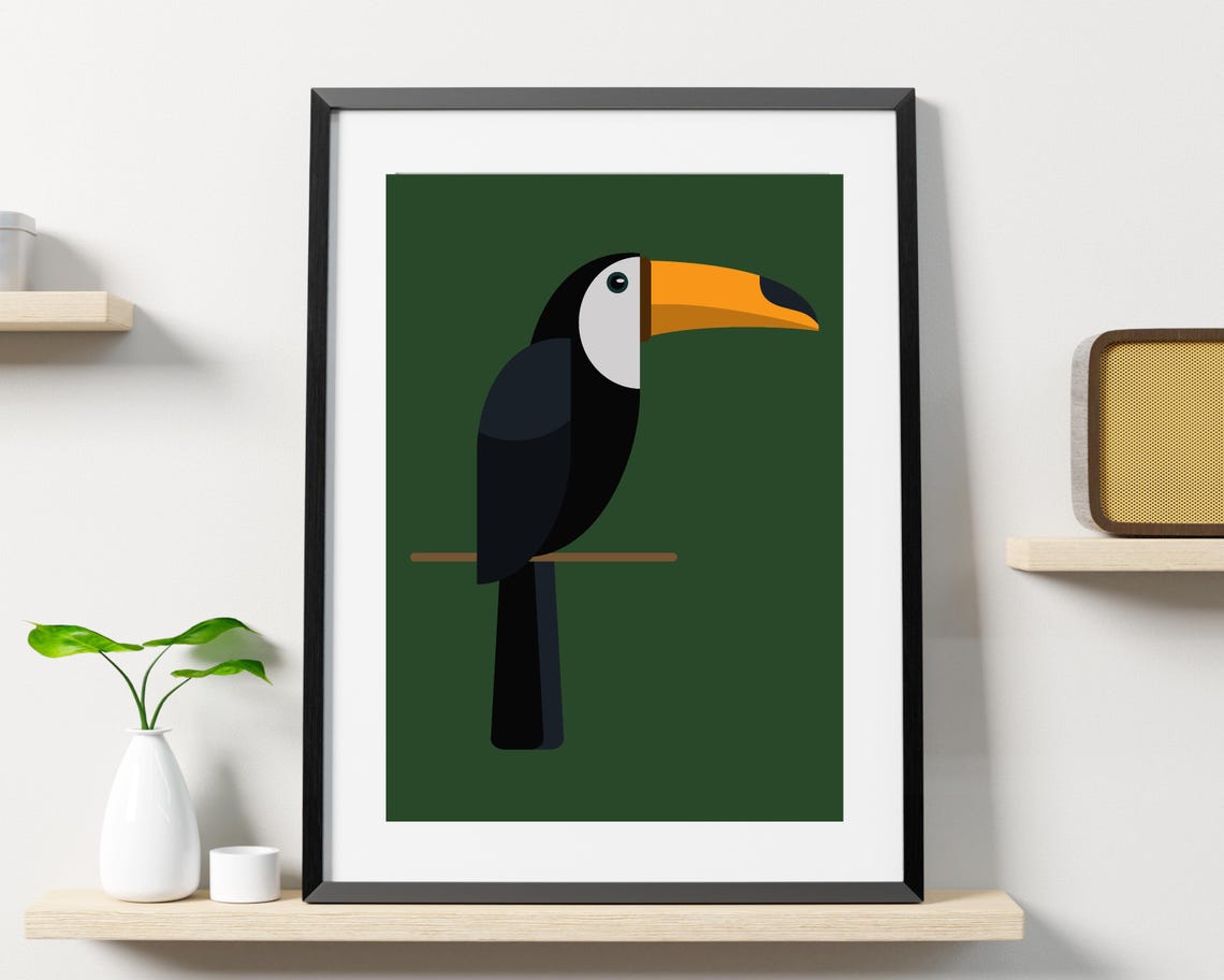 Toucan Perched On A Branch On A Dark Green Minimalist Bird Print - Image 2