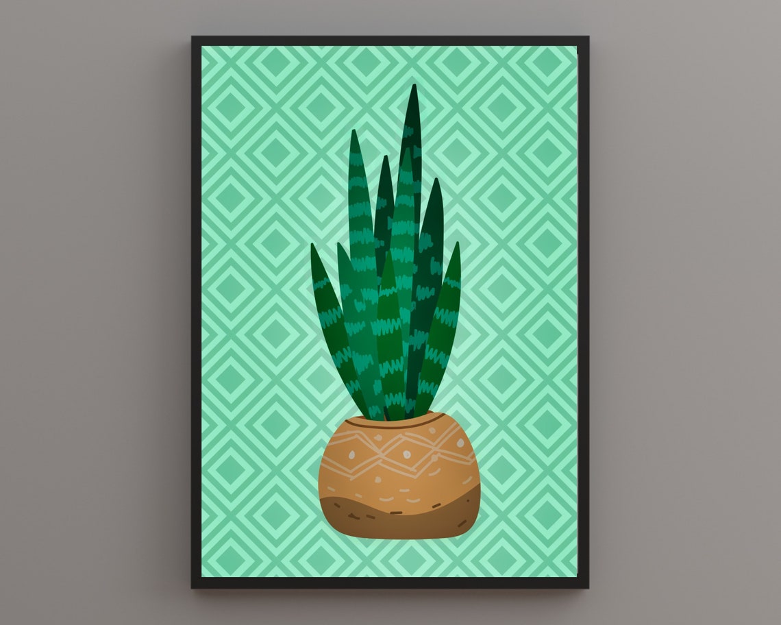 Tall Striped Snake Plant In A Decorated Clay Pot Mint Green Poster