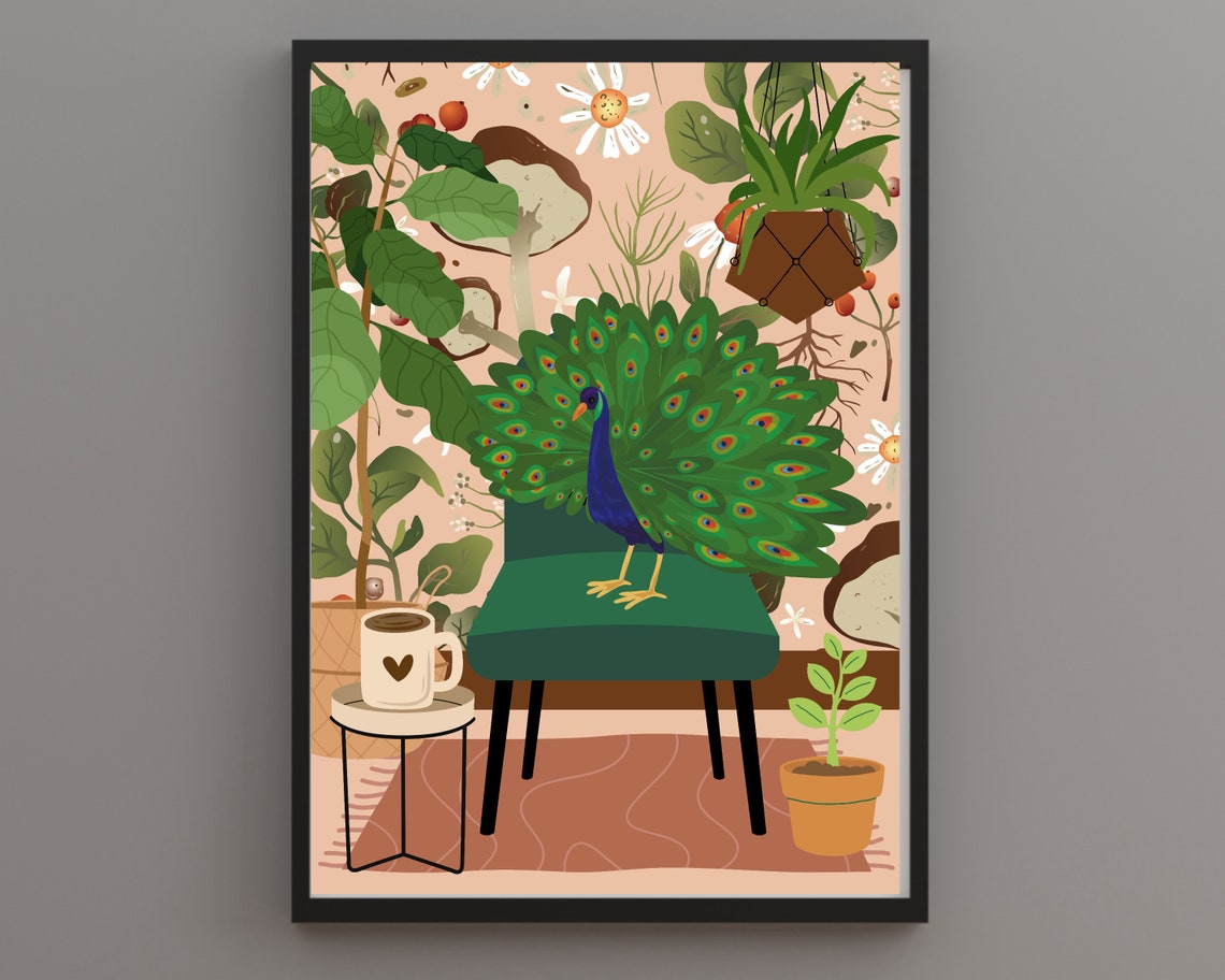 Peacock on Green Ottoman Botanical Jungle Colorful Bird Wall Poster