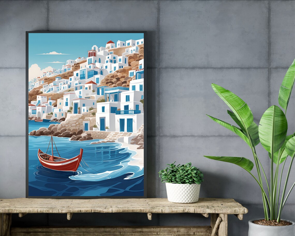 Mykonos Hillside White Town Harbor Red Boat Greece Seaside Poster - Image 2
