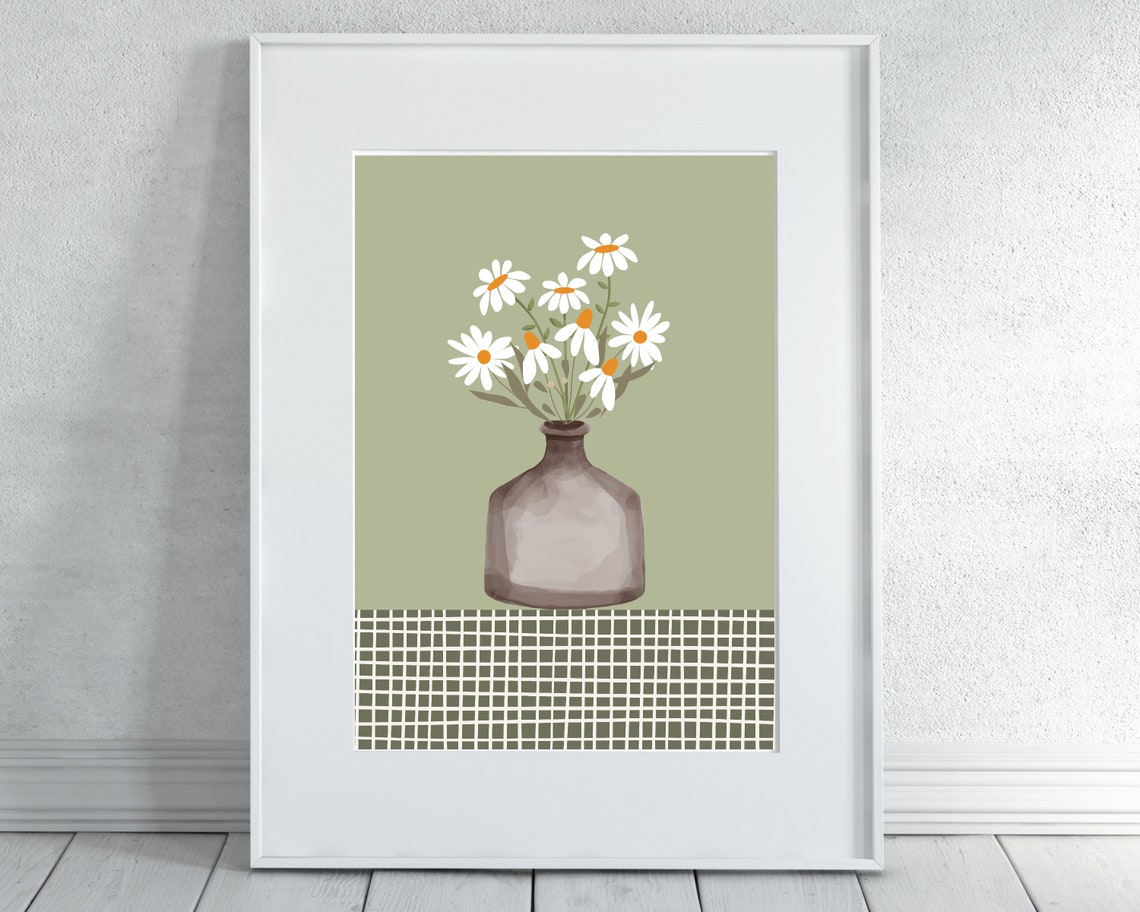 White Daisies In Glass Vase Calm Sage Green Botanical Poster - Image 3