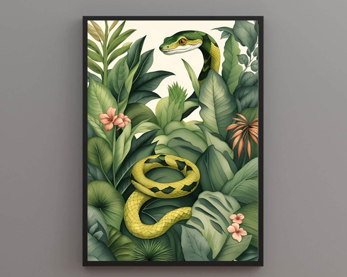 Bright Green Snake Coiled Gracefully Among Tropical Leaves Poster