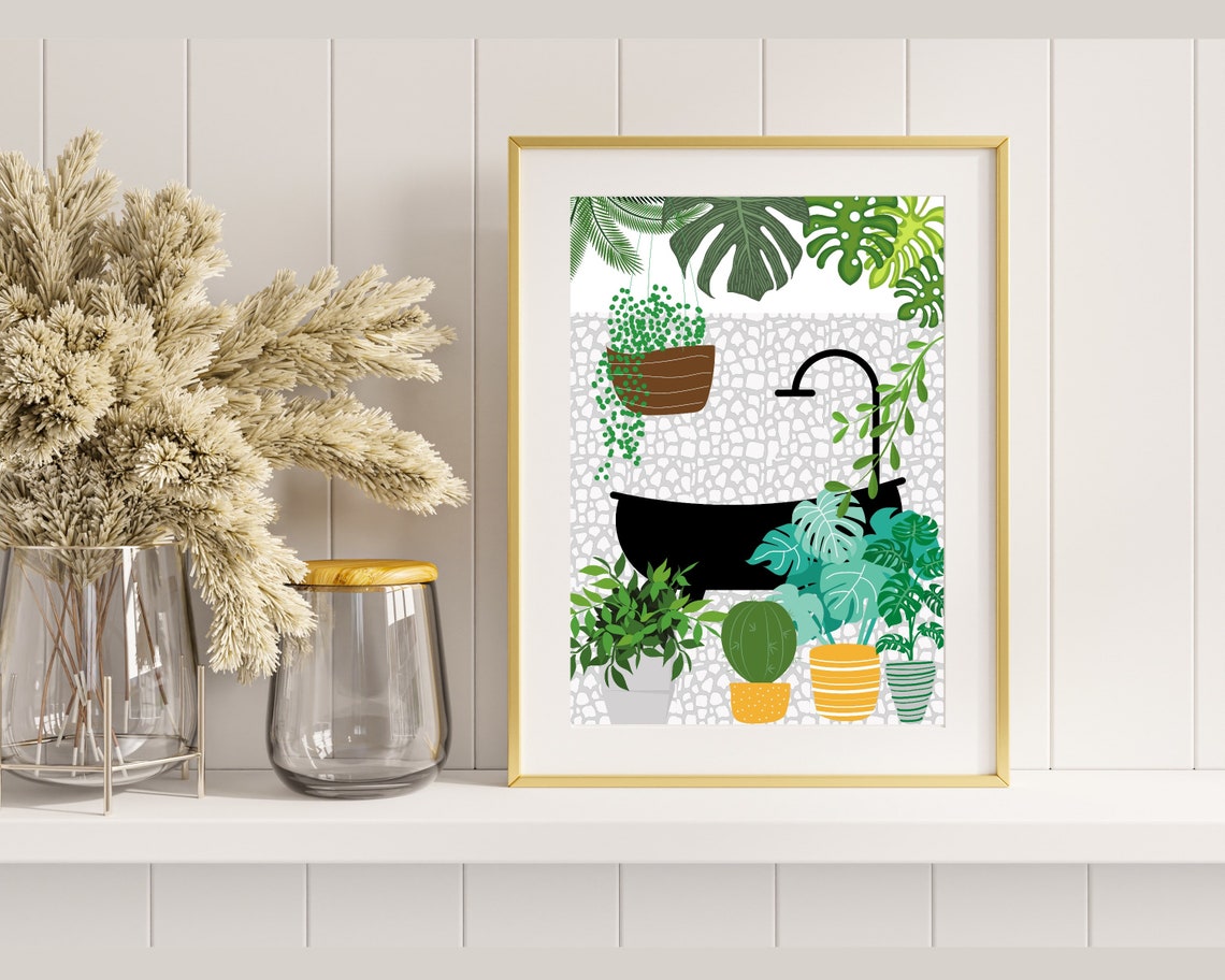 Black Bathtub Surrounded By Lush Potted Houseplants Art Poster - Image 2