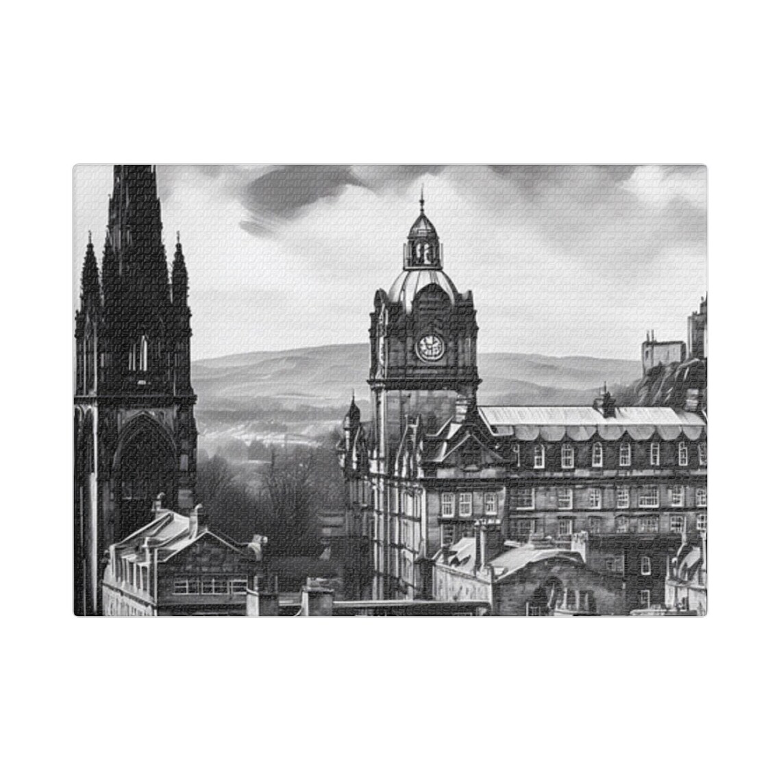 Edinburgh Cityscape, Black and White Travel Poster
