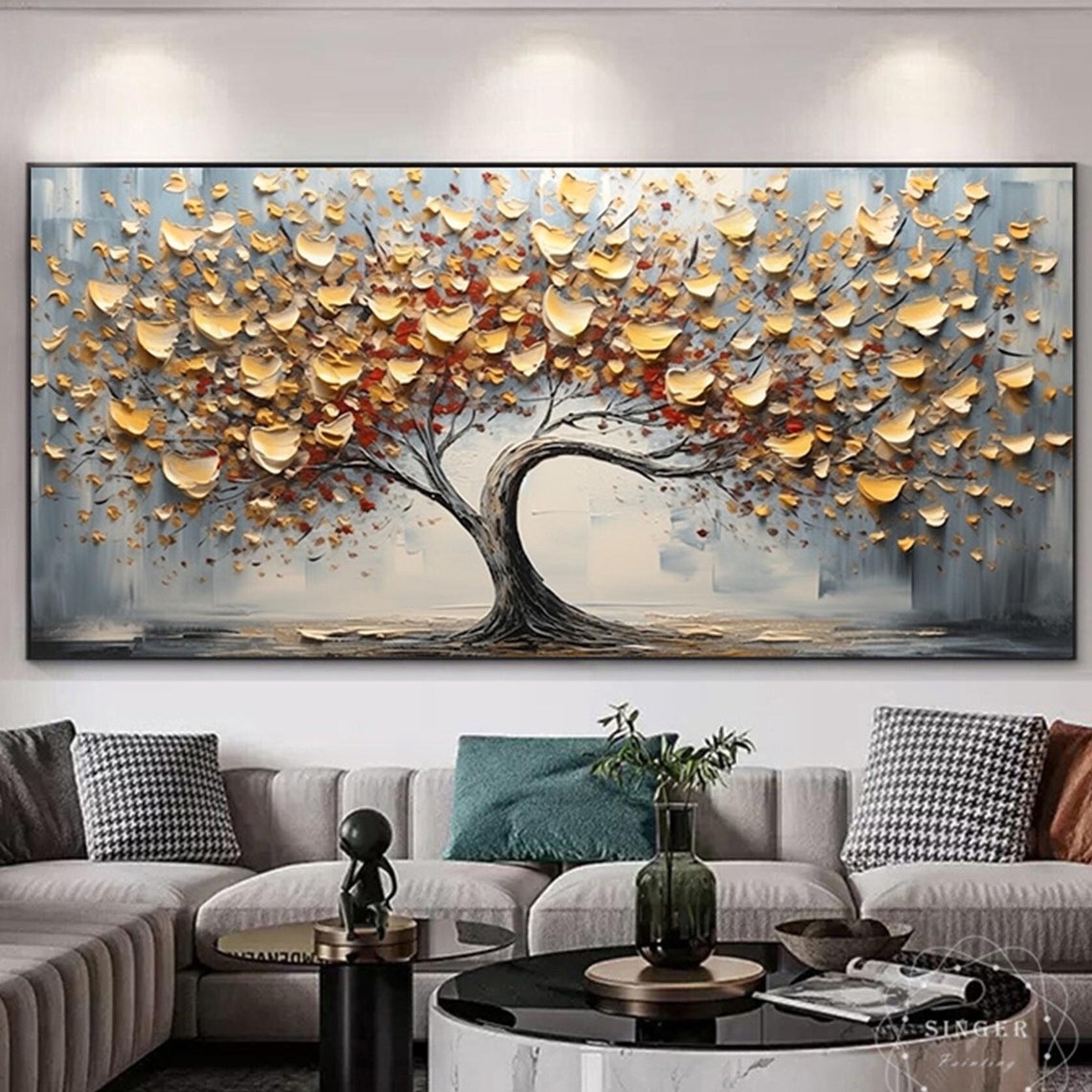 Golden Tree Autumn Red Leaves 3D Textured Abstract Painting Poster
