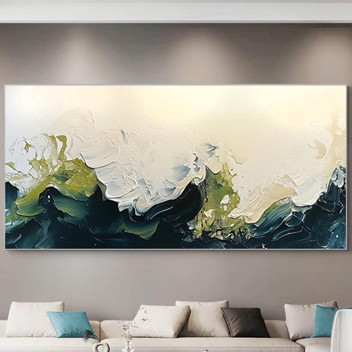 Deep Teal Ocean Waves 3D Textured Painting White Foam Panoramic Poster