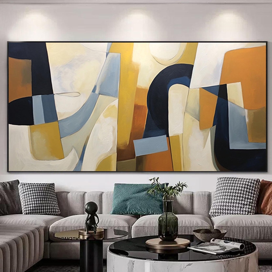 Geometric Ochre Navy Abstract Blocks Panoramic Modern Art Wall Poster