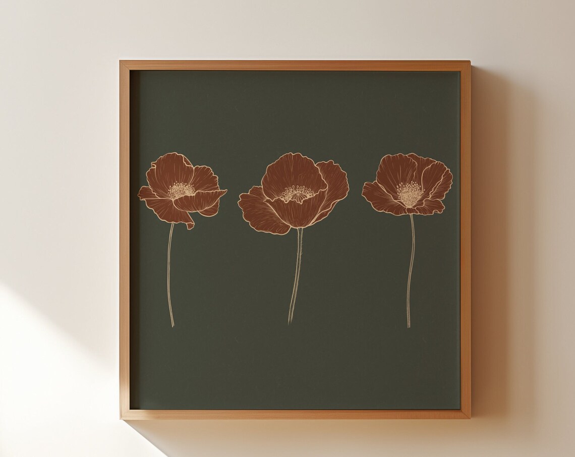 Terracotta Poppy Trio Dark Green Minimalist Floral Wall Poster - Image 2