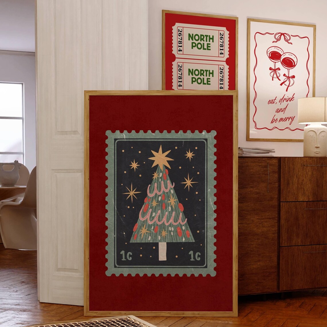 Vintage Christmas Tree Postage Stamp Art Red Retro Holiday Poster