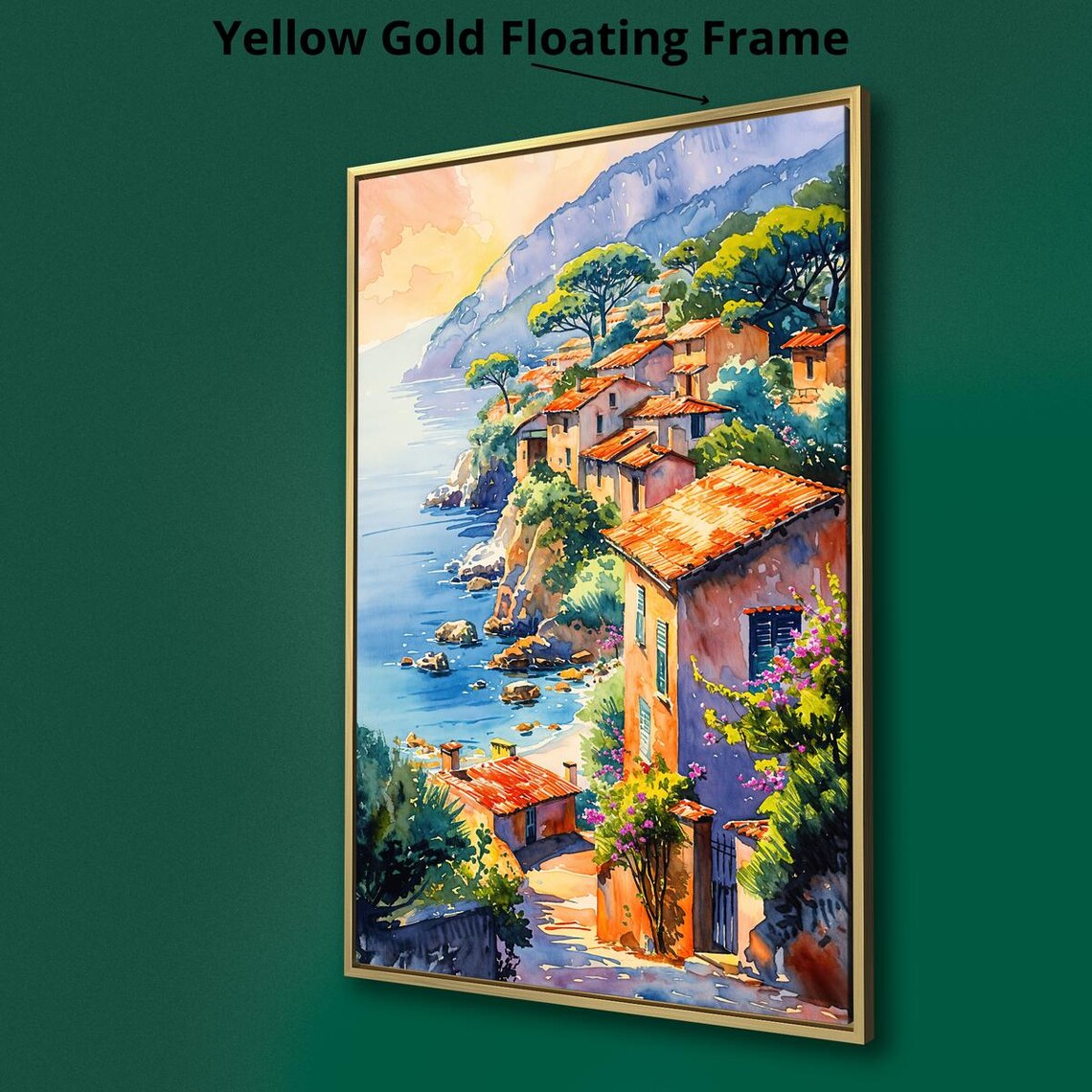 Mediterranean Coastal Village Cliffside Sunset Watercolor Travel Poster - Image 2