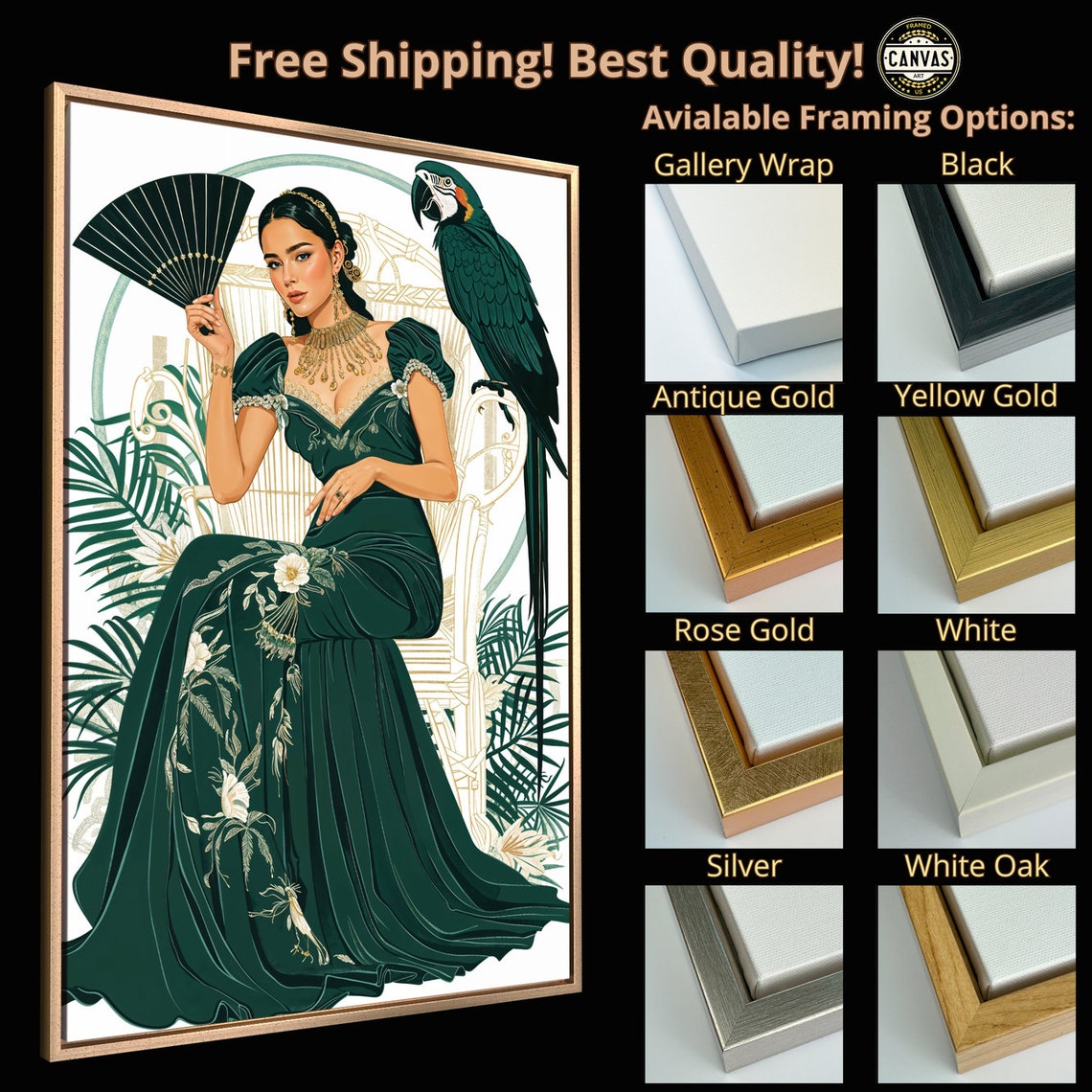 Elegant Woman With Parrot Emerald Gown Tropical Vintage Art Poster - Image 5