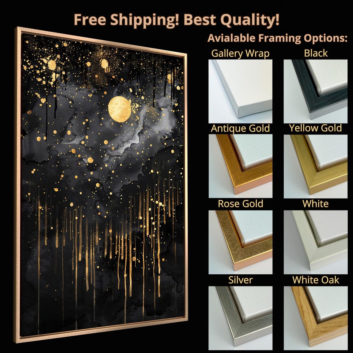 Black Gold Moonlit Night Sky Starry Celestial Abstract Poster - Image 5