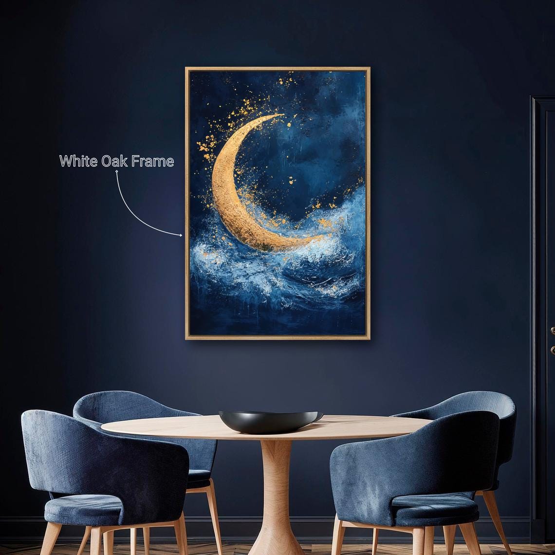Dreamy Golden Crescent Moon Deep Blue Ocean Waves Night Art Print - Image 2