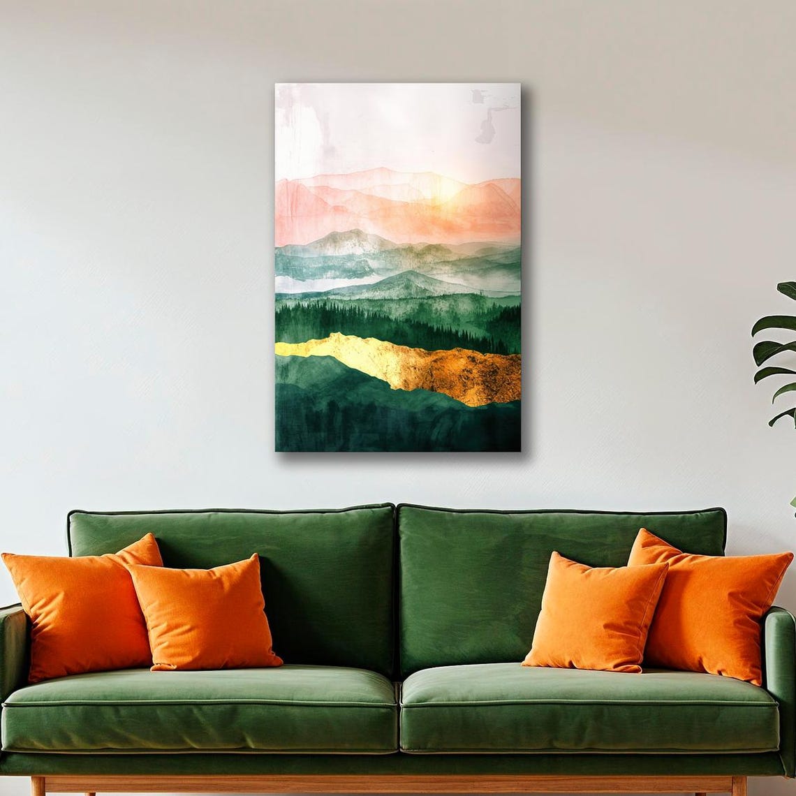 Misty Mountain Forest Layers Orange Green Gold Watercolor Poster - Image 4