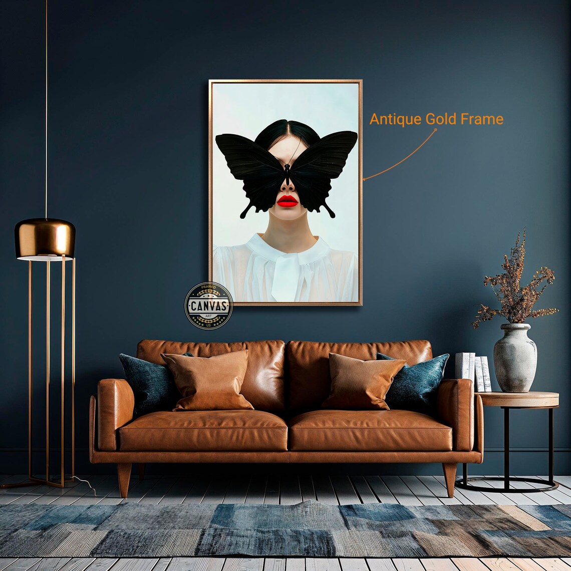 Black Butterfly Over Woman Face Surreal Red Lips Fashion Art Poster - Image 2