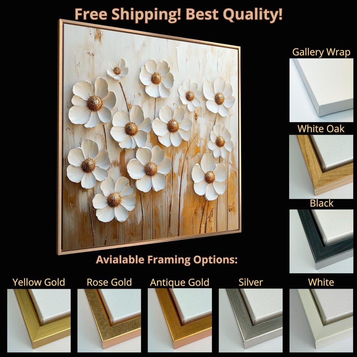 Delicate White 3D Flowers Gold Centers Textured Impasto Art Print - Image 5