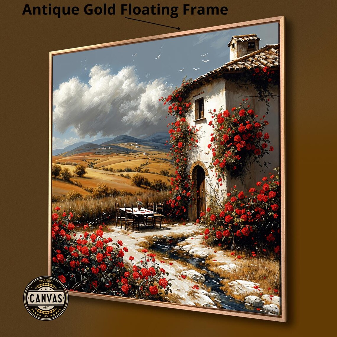 Tuscan Farmhouse With Red Roses Rolling Hills Countryside Art Poster - Image 3