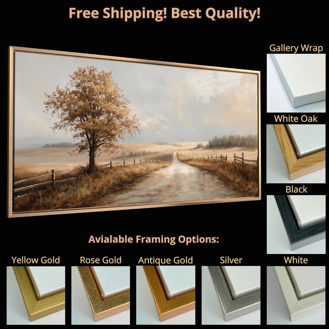 Autumn Country Road Golden Fields Fence Tree Farmhouse Poster - Image 5