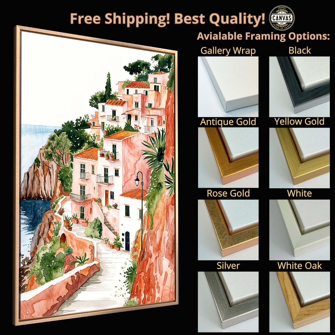 Sunny Mediterranean Coastal Village Cliff Watercolor Travel Poster - Image 5