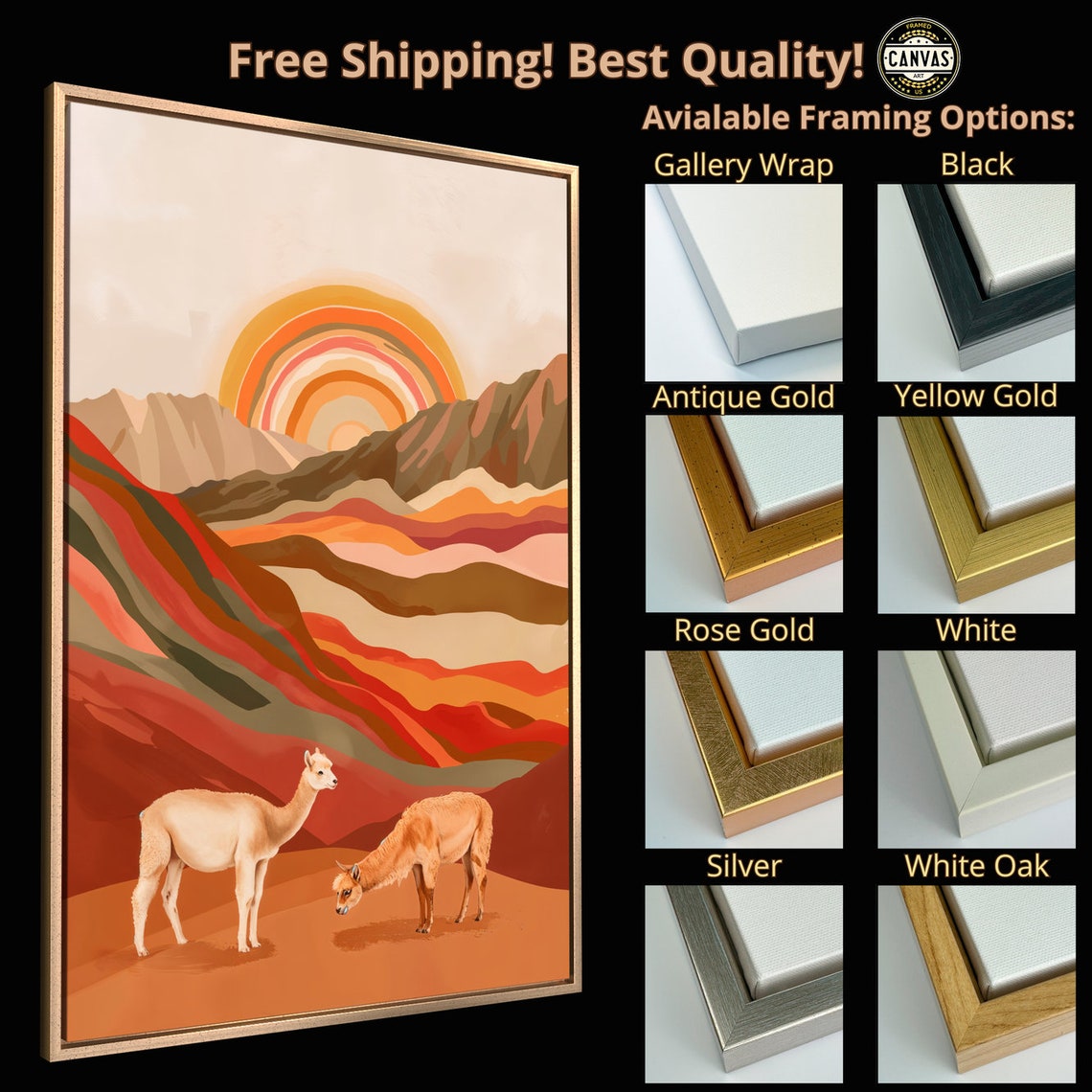 Llama Pair Red Desert Striped Sun Retro Mountain Landscape Art Poster - Image 5