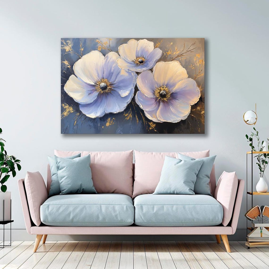 Delicate Trio White Blue Anemone Flowers Gold Centers Art Print - Image 3