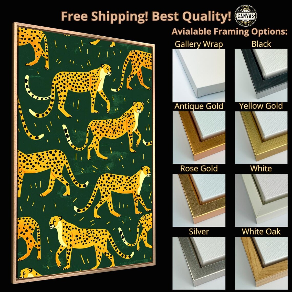 Cheetahs Pattern Dark Green Background Playful Safari Animal Art Poster - Image 4