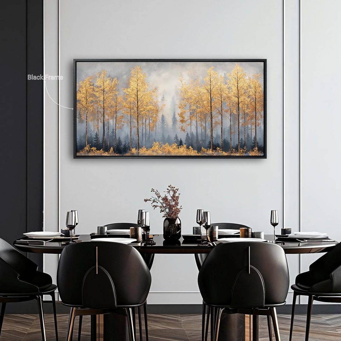 Golden Birch Forest In Night Mist Autumn Trees Landscape Wall Poster - Image 2