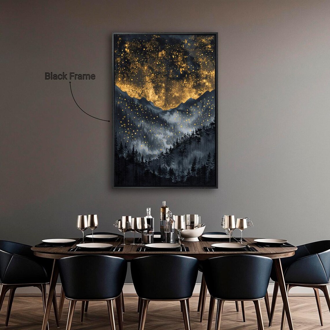 Starry Night Sky Gold Stars Dark Mountain Pine Forest Fantasy Art Poster - Image 6