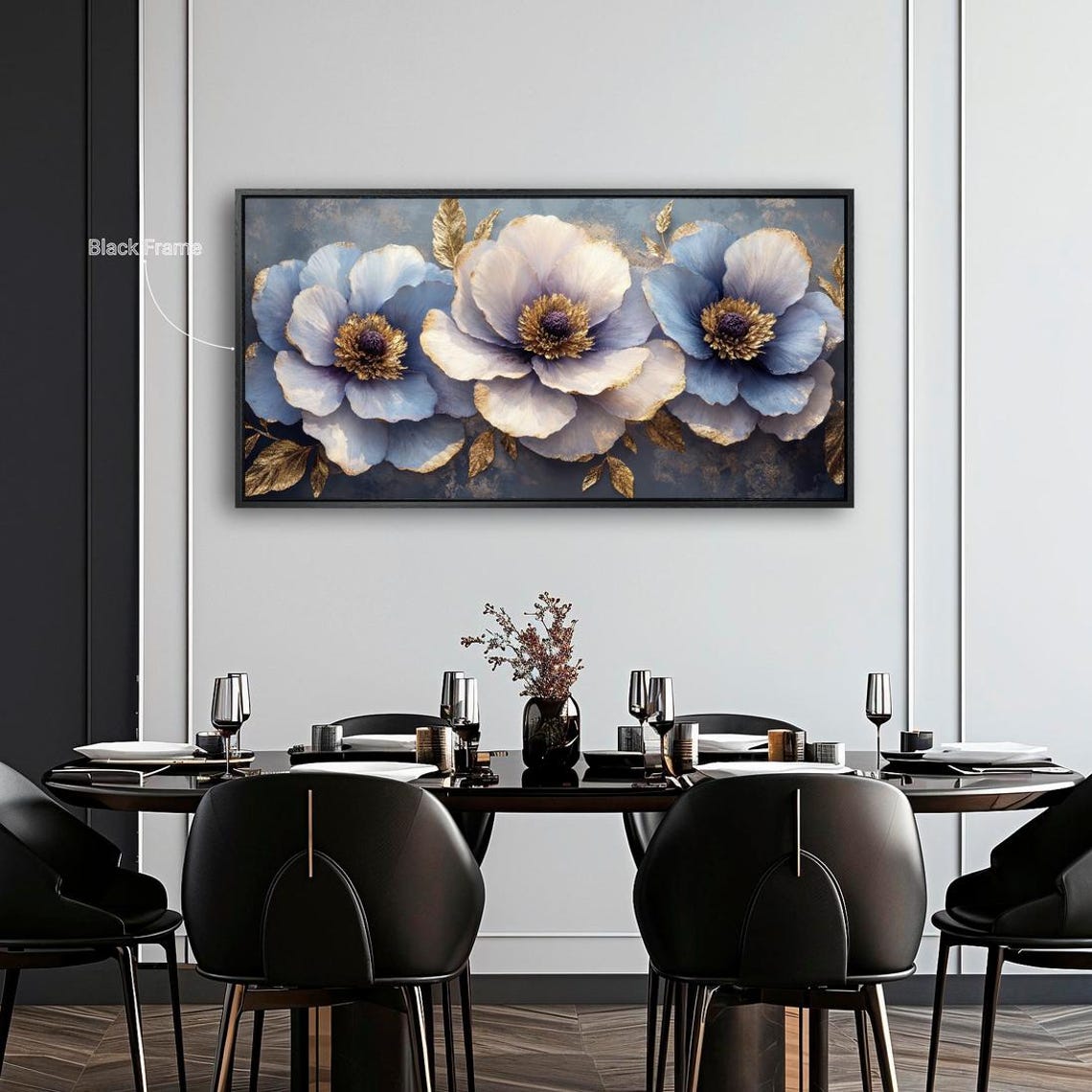 Blue And White Lush Flowers Panoramic Floral Painting Wall Poster - Image 2