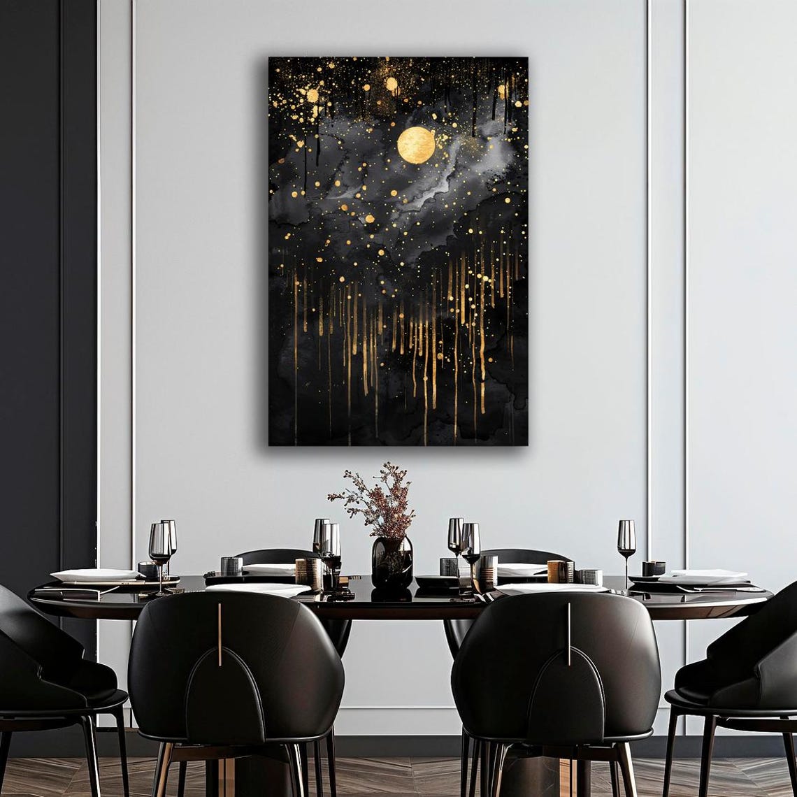 Black Gold Moonlit Night Sky Starry Celestial Abstract Poster - Image 2