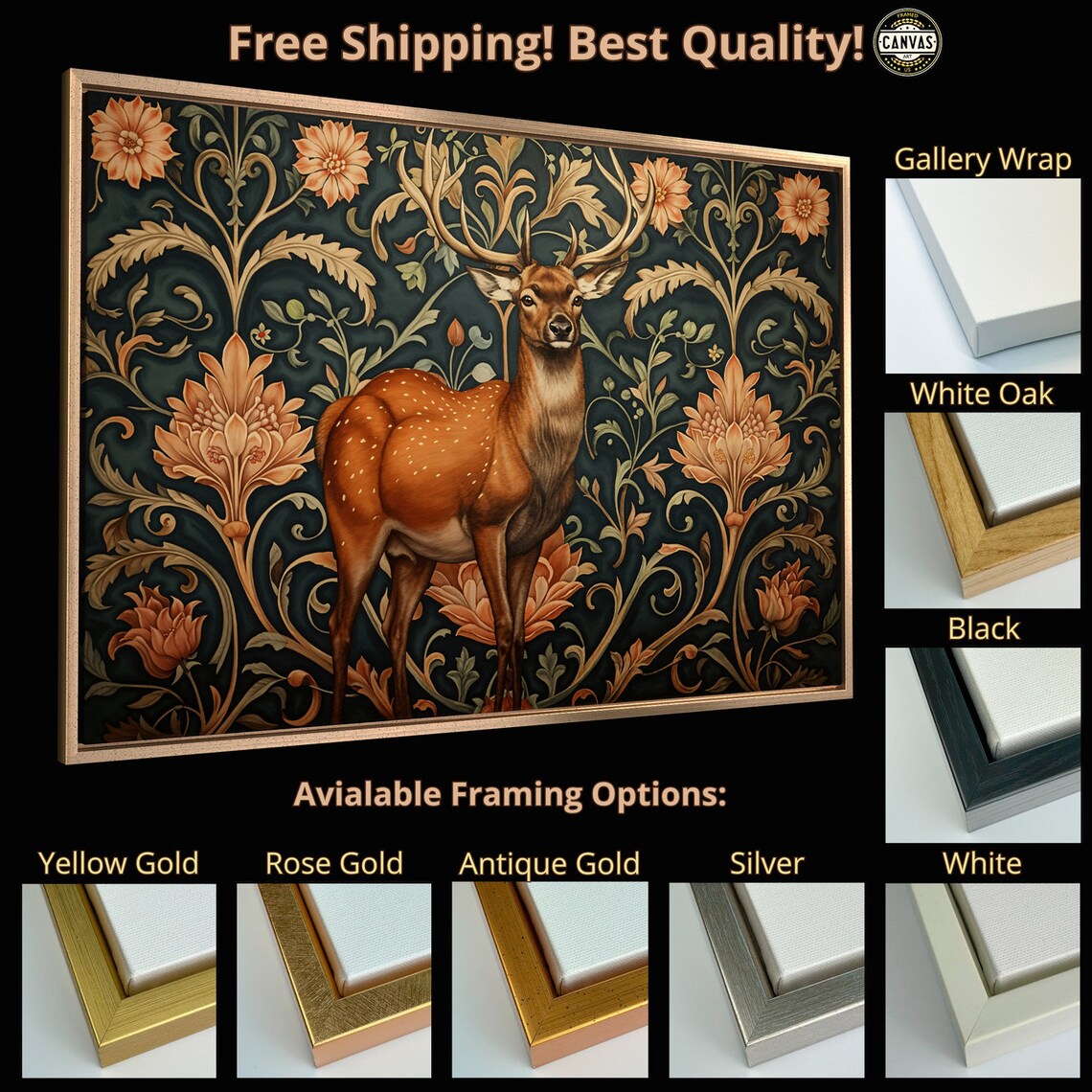 Elegant Deer Antlers Art Print, Floral Background - Image 5