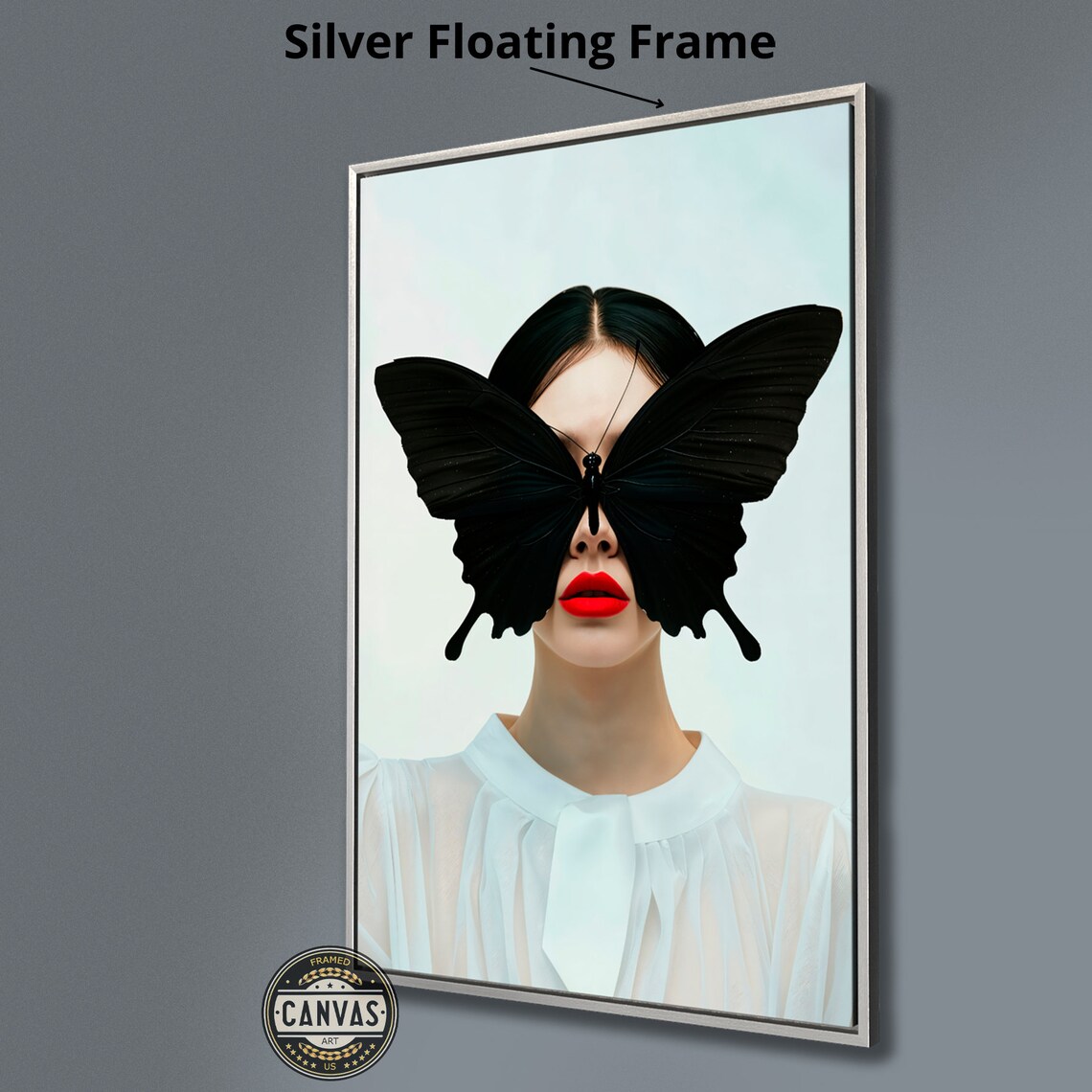 Black Butterfly Over Woman Face Surreal Red Lips Fashion Art Poster - Image 3