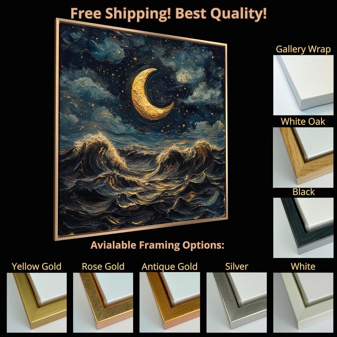 Golden Crescent Moon Over Dark Ocean Waves Night Seascape Wall Poster - Image 5