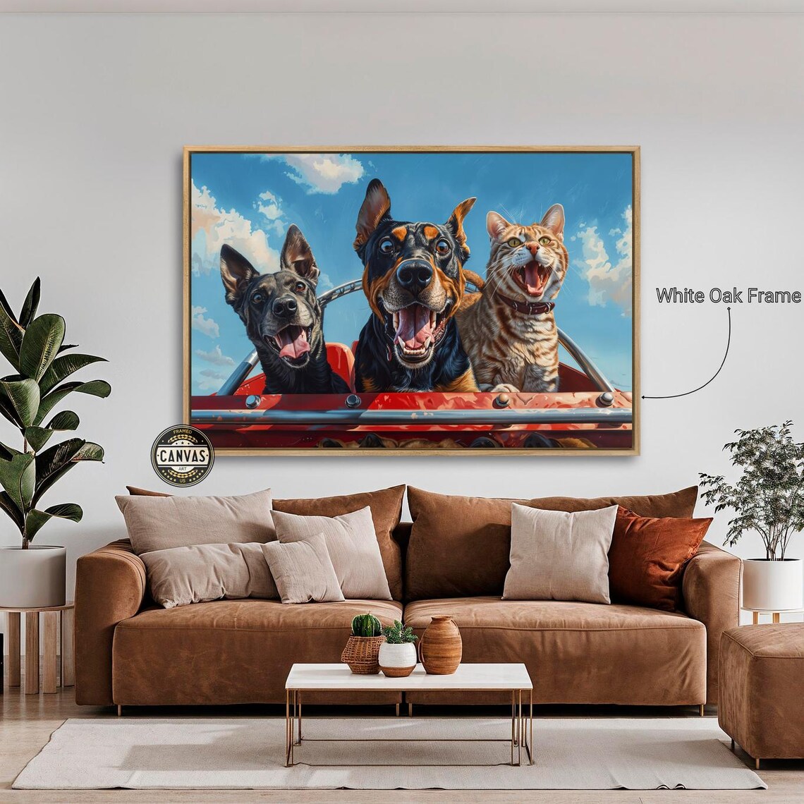 Two Happy Dogs And Cat Riding In Red Convertible Fun Animal Wall Poster - Image 3