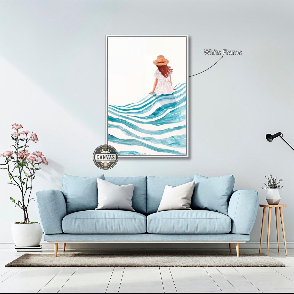 Girl In Straw Hat Sitting On Turquoise Waves Minimalist Ocean Art Poster - Image 3